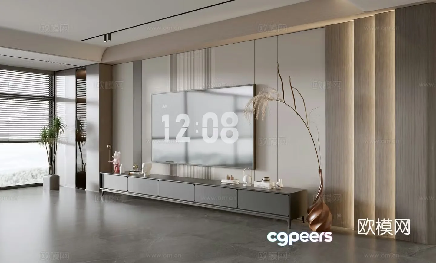 Modern simple living room light luxury TV background wall full wall TV cabinet wooden veneer background wall 3d model