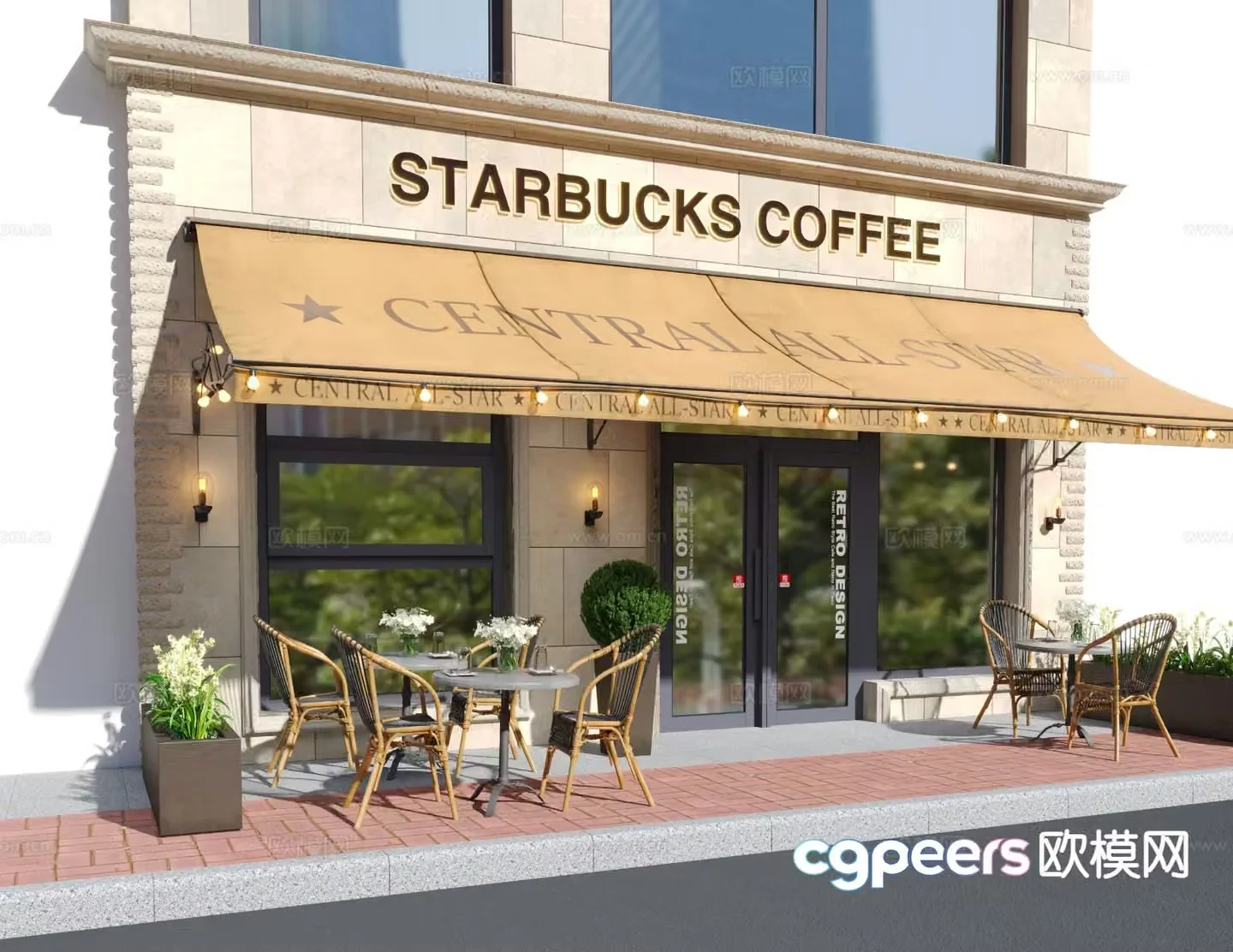 European style cafe door facade 3d model