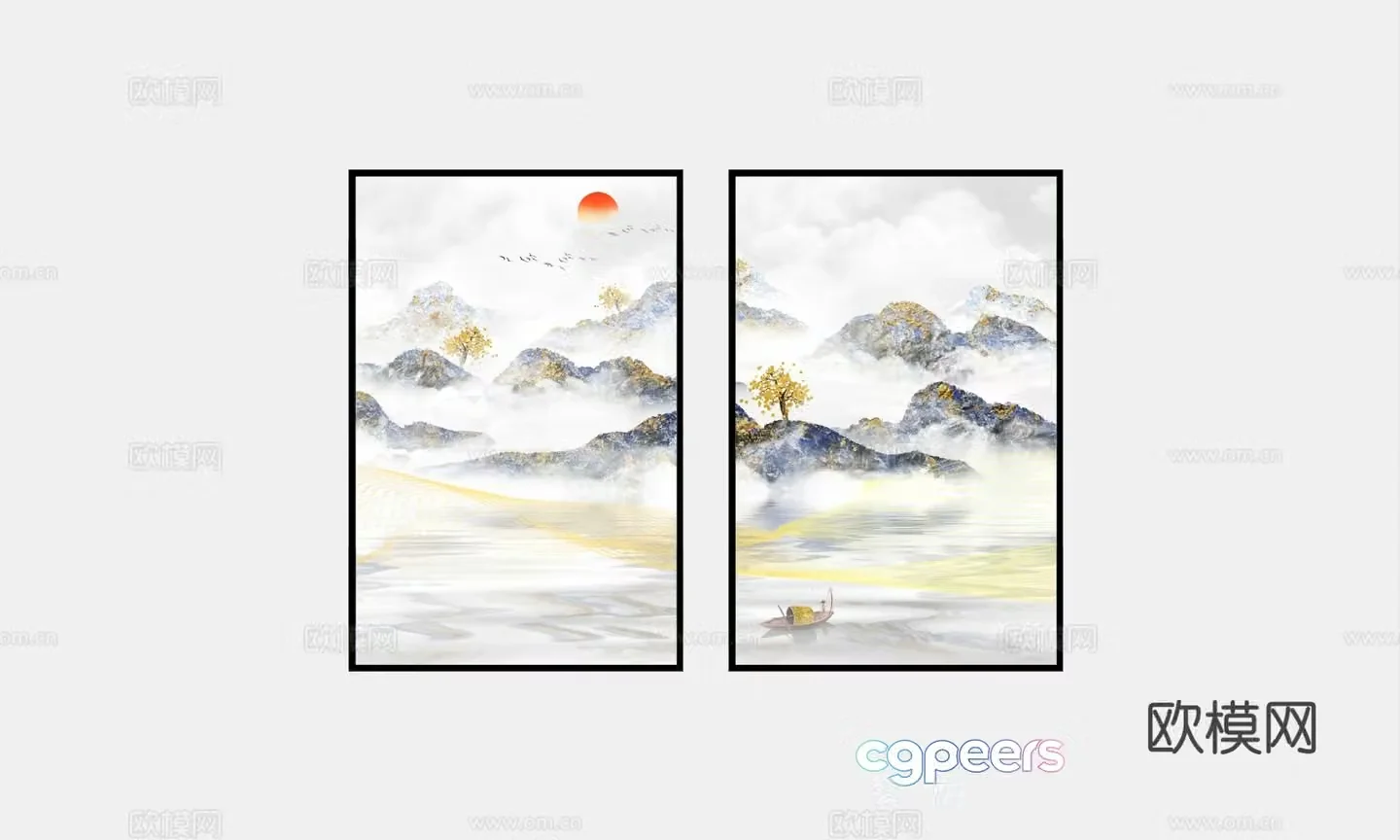 New Chinese style landscape painting decorative painting 3D model