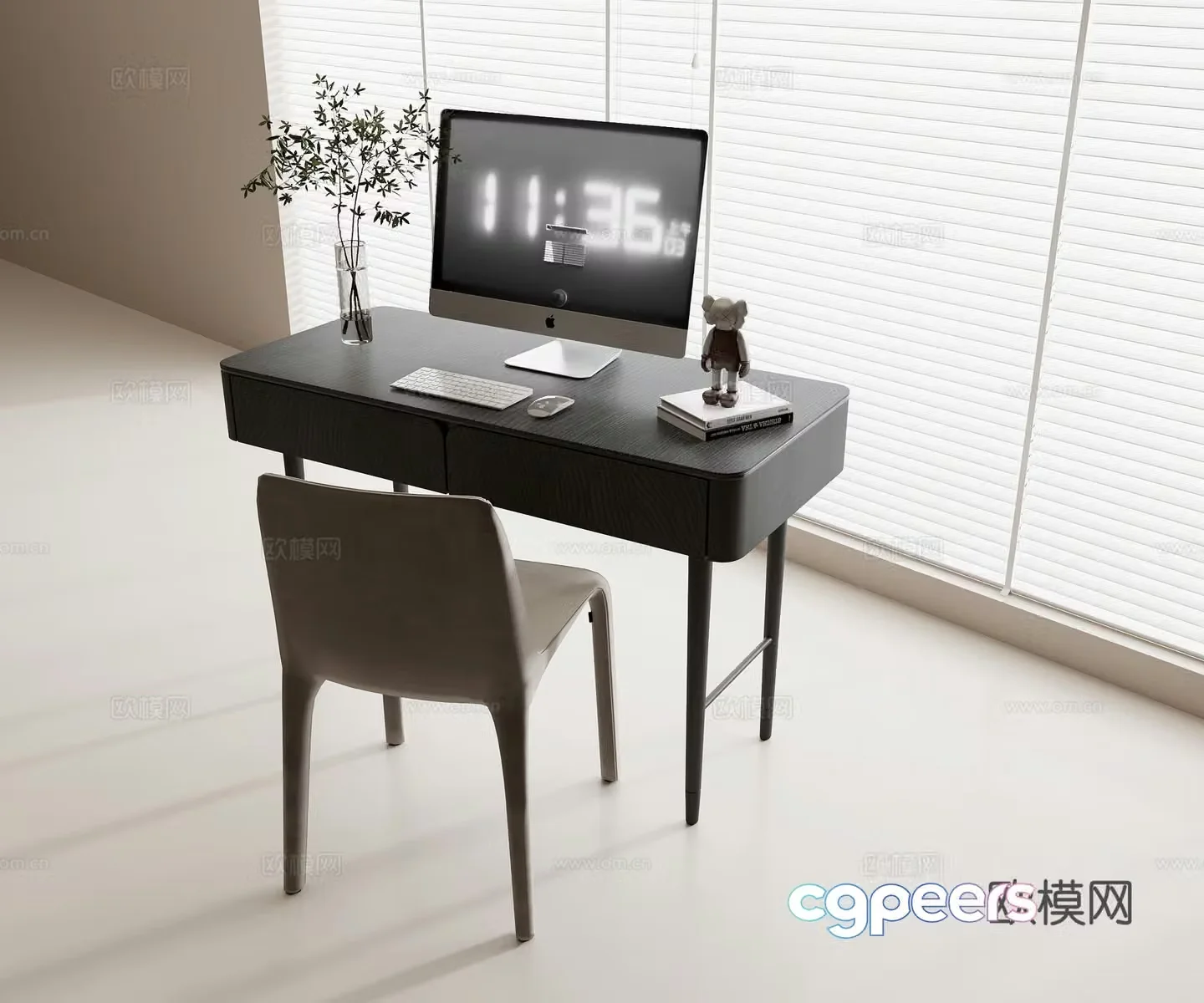 Modern desk and chair combination solid wood desk leather single chair desktop computer keyboard and mouse book 3d model