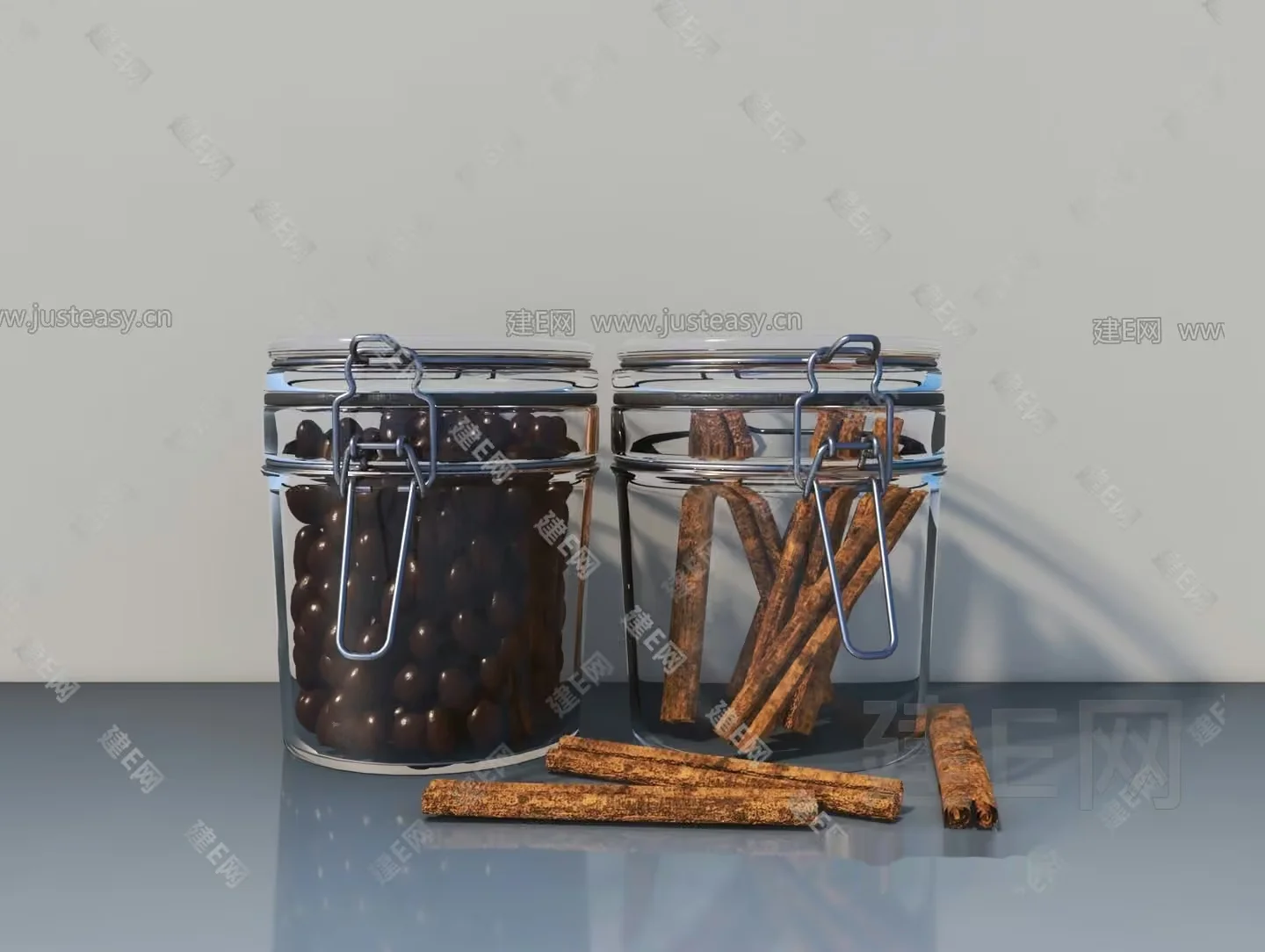 Two Glass Jars With Lids And Cinnamon Sticks 3D Model – 13043 – VRAY Render
