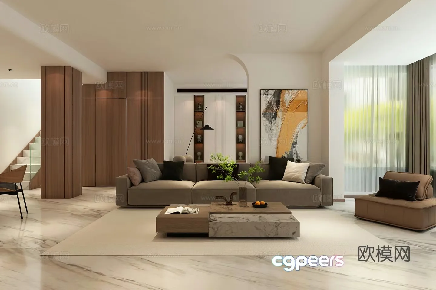 Light luxury medieval modern style duplex wood grain living and dining room study room 3d model