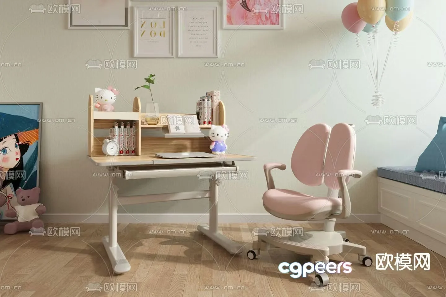 Modern children’s study desk and chair 3d model