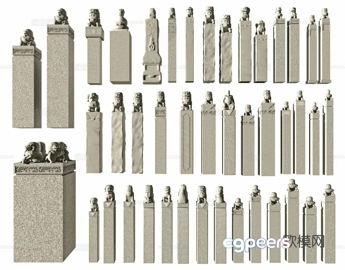 Chinese style horse tying pile horse tying pillar stone carving pillar stone pillar stone lion sculpture sketch auspicious beast Pixiu 3D model