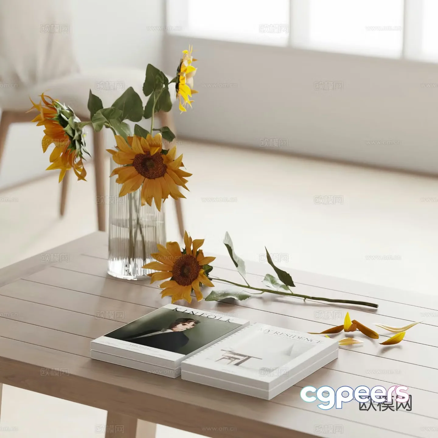 modern sunflower vase floral book 3d model