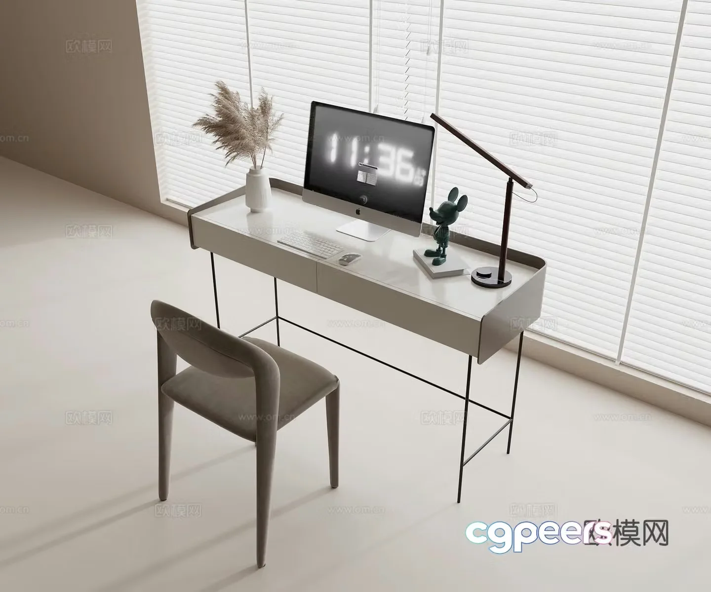 Modern desk and chair combination Modern desk fabric single chair Desktop computer Keyboard and mouse Simple 3D model