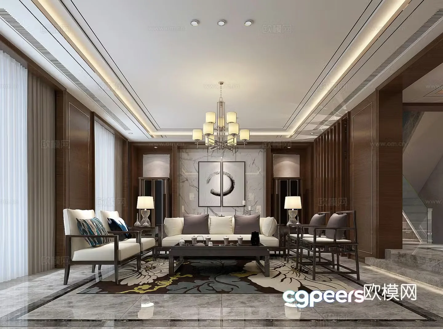 Modern Hong Kong style living room sofa coffee table carpet chandelier table lamp wall lamp 3d model