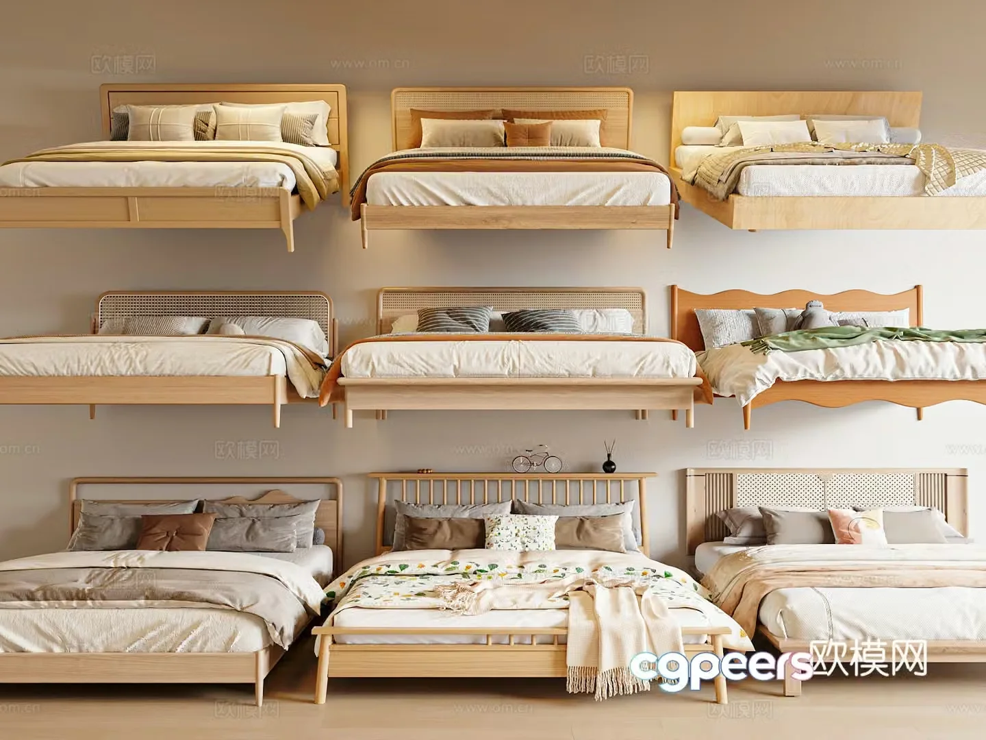 Log style double bed solid wood bed shelf bed fabric bed 3d model