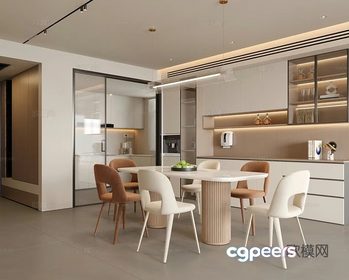 Modern restaurant dining table and chair wine cabinet chandeliers 3d model