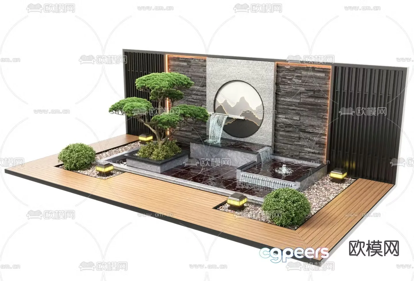 New Chinese style water feature wall fountain waterfall falling water sketch 3D model