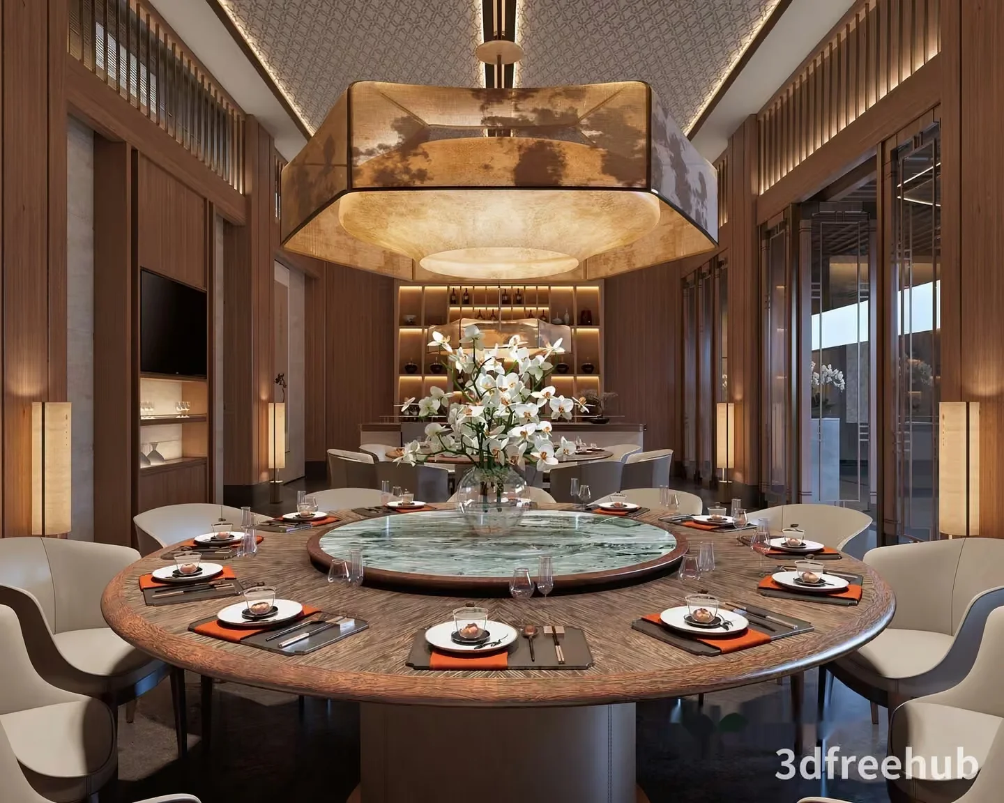 A Dining Room With A Large Table 3D Model – 19148 – VRAY Render