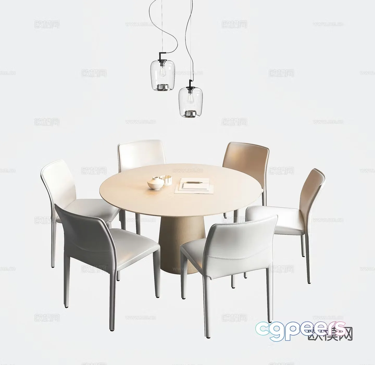 Modern dining table and chairs Round dining table and chairs Restaurant chandeliers Creamy dining table and chairs Minimalist dining table and chairs 3D model