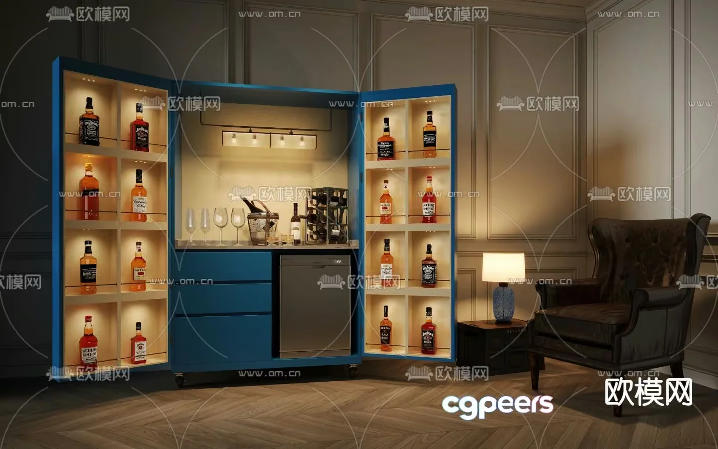 A Blue Cabinet Filled With Bottles Of Alcohol 3D Model – 2256 – VRAY Render