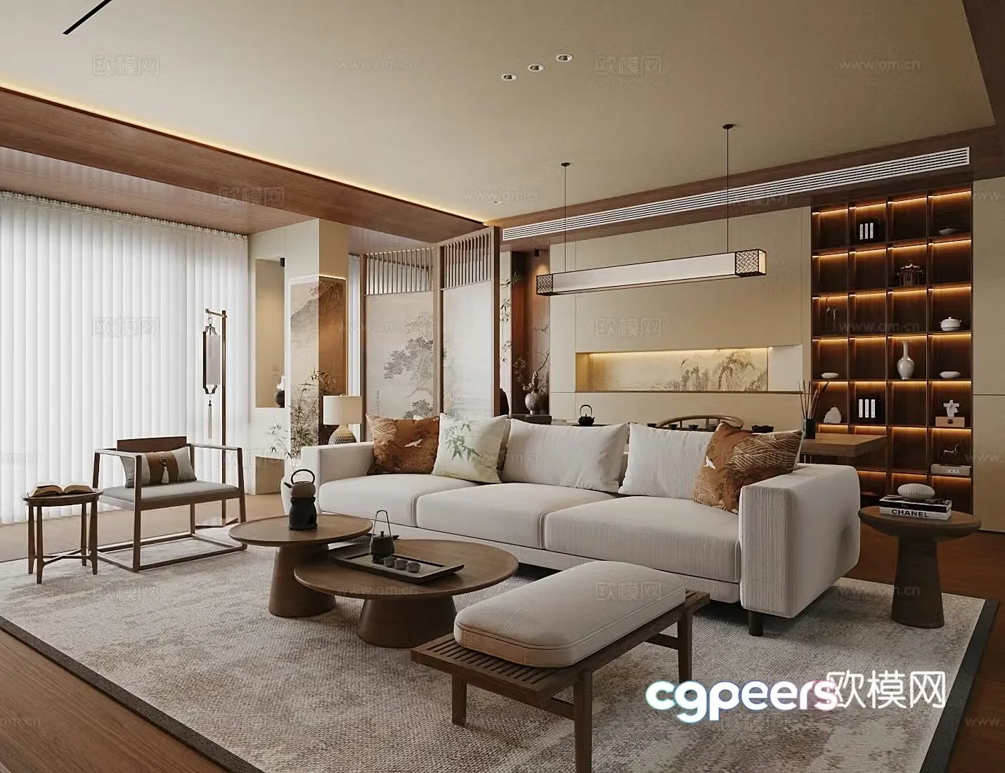 New Chinese-style home living room large living room horizontal living room design sofa coffee table combination 3D model