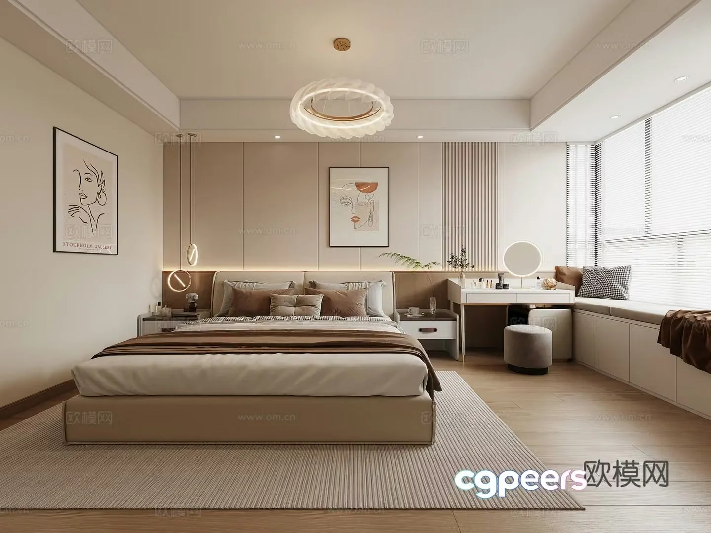 Modern master bedroom double bed wardrobe curtains 3d model