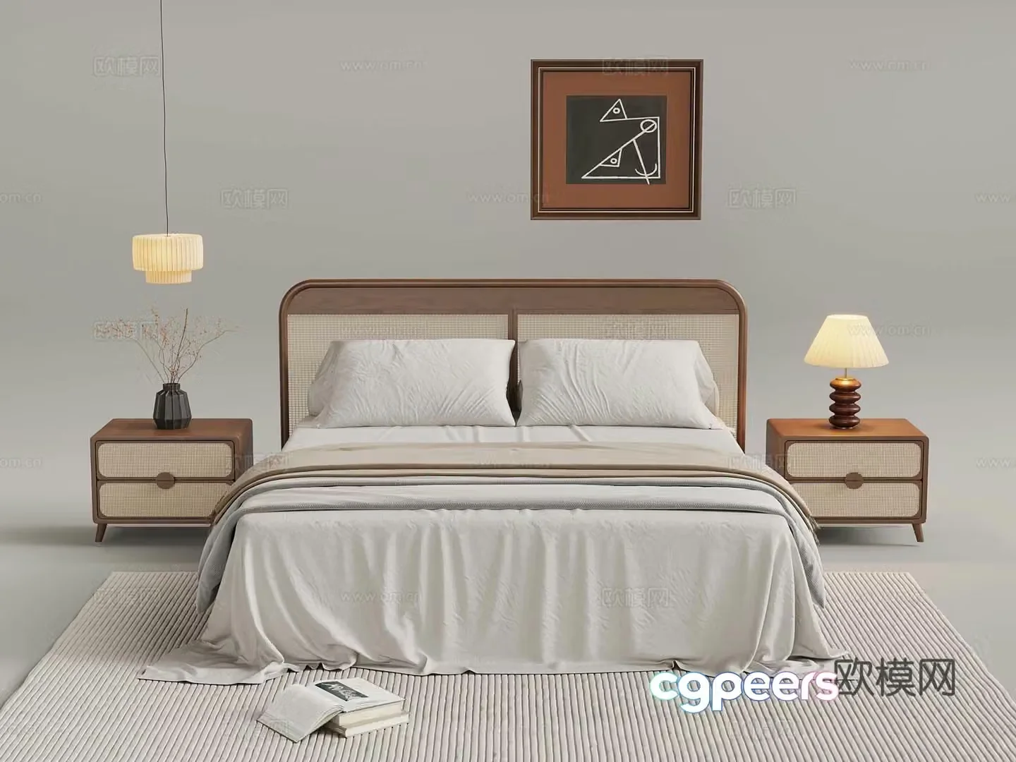 Wasabi Middle Style Double Bed Bed Nightstand Chandelier Table Lamp 3D Model