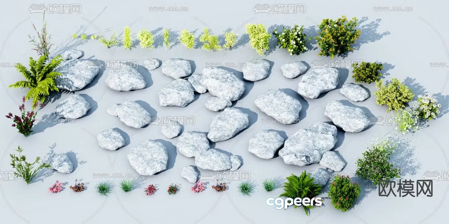 Stones stones green plants and flowers 3d model