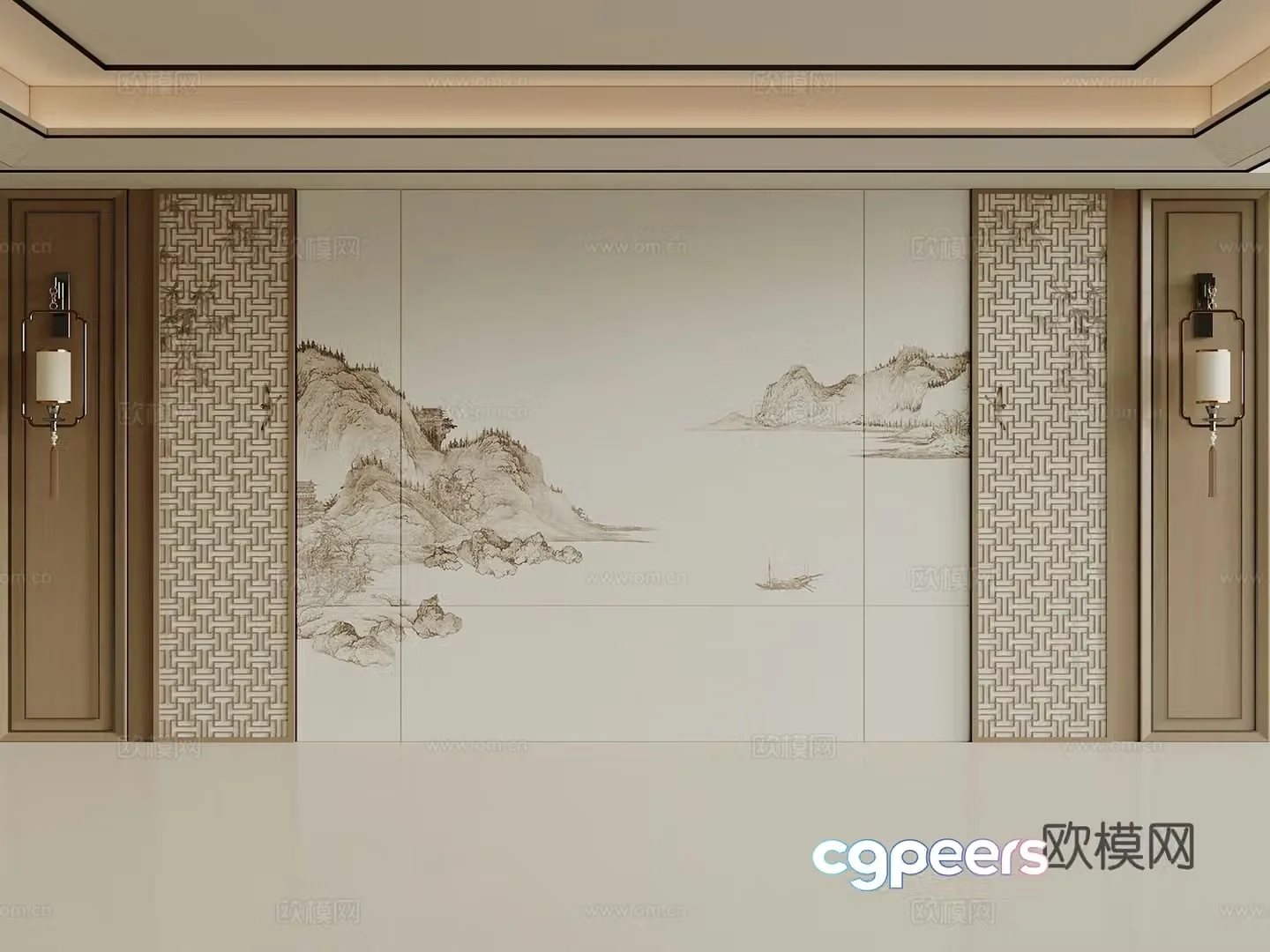 New Chinese sofa background wall wooden sofa background wall grille background wall 3d model