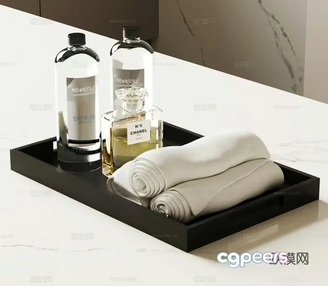 A Black Tray With Toiletries And Towels 3D Model – 7068 – VRAY Render