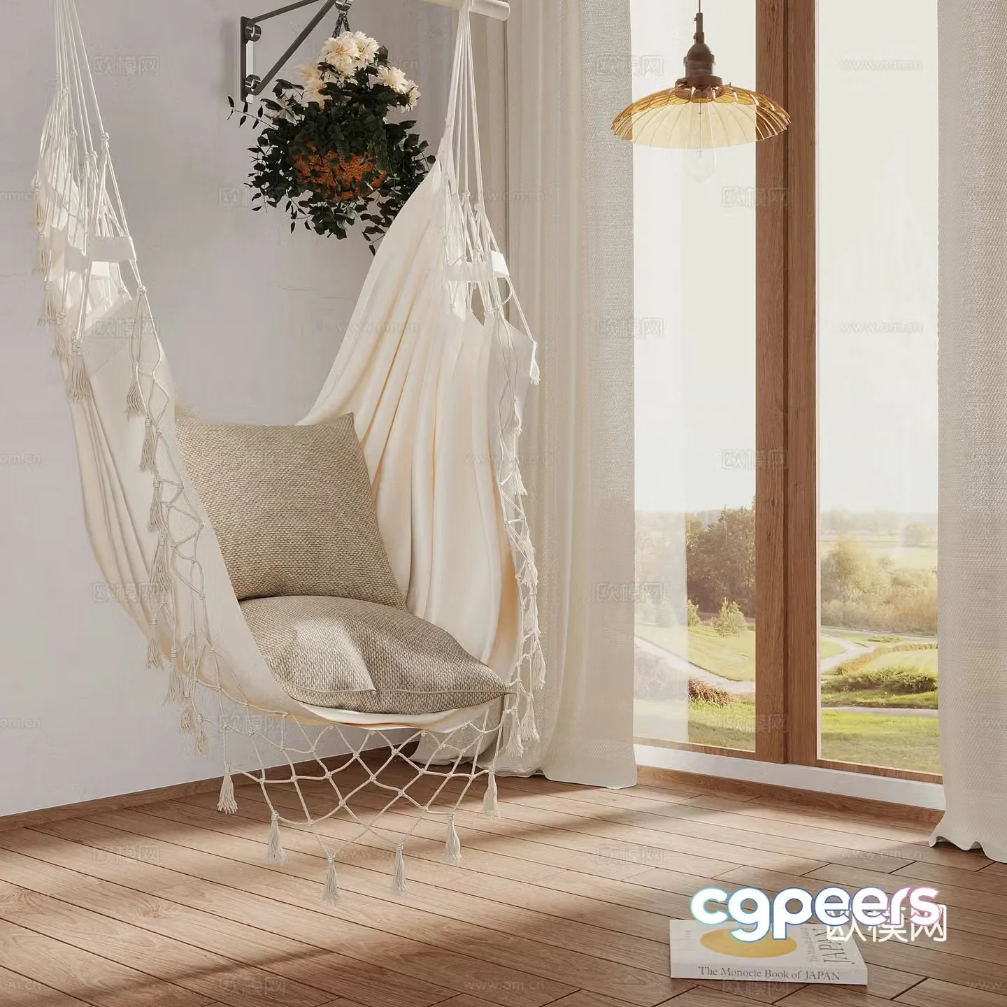 Swing chair French swing chair Wall-mounted green plants Chandelier 3D model