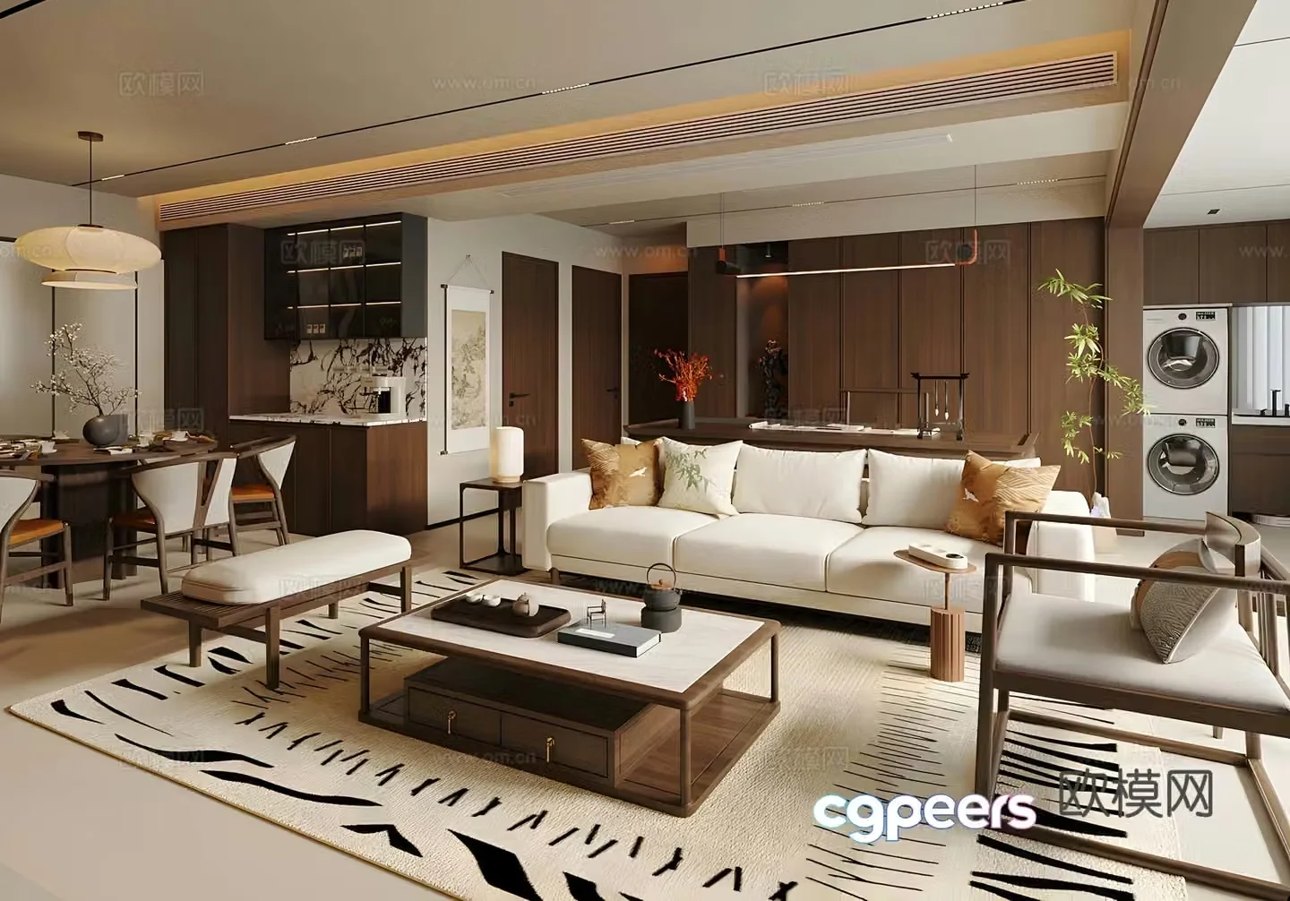 New Chinese Zen Living Restaurant Song Style Living Restaurant Song Style Aesthetic Living Restaurant Sofa Coffee Table Combination 3D Model