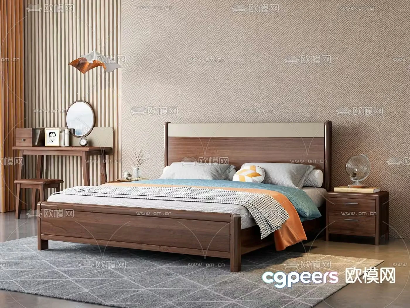 Simple double bed solid wood bed 3d model