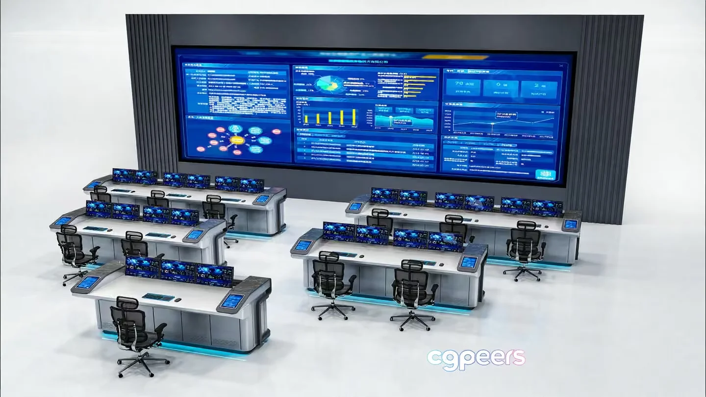 A Futuristic Control Room With Multiple Computer Workstations And A Large Screen Displaying Various 3D Model – 7259 – VRAY Render