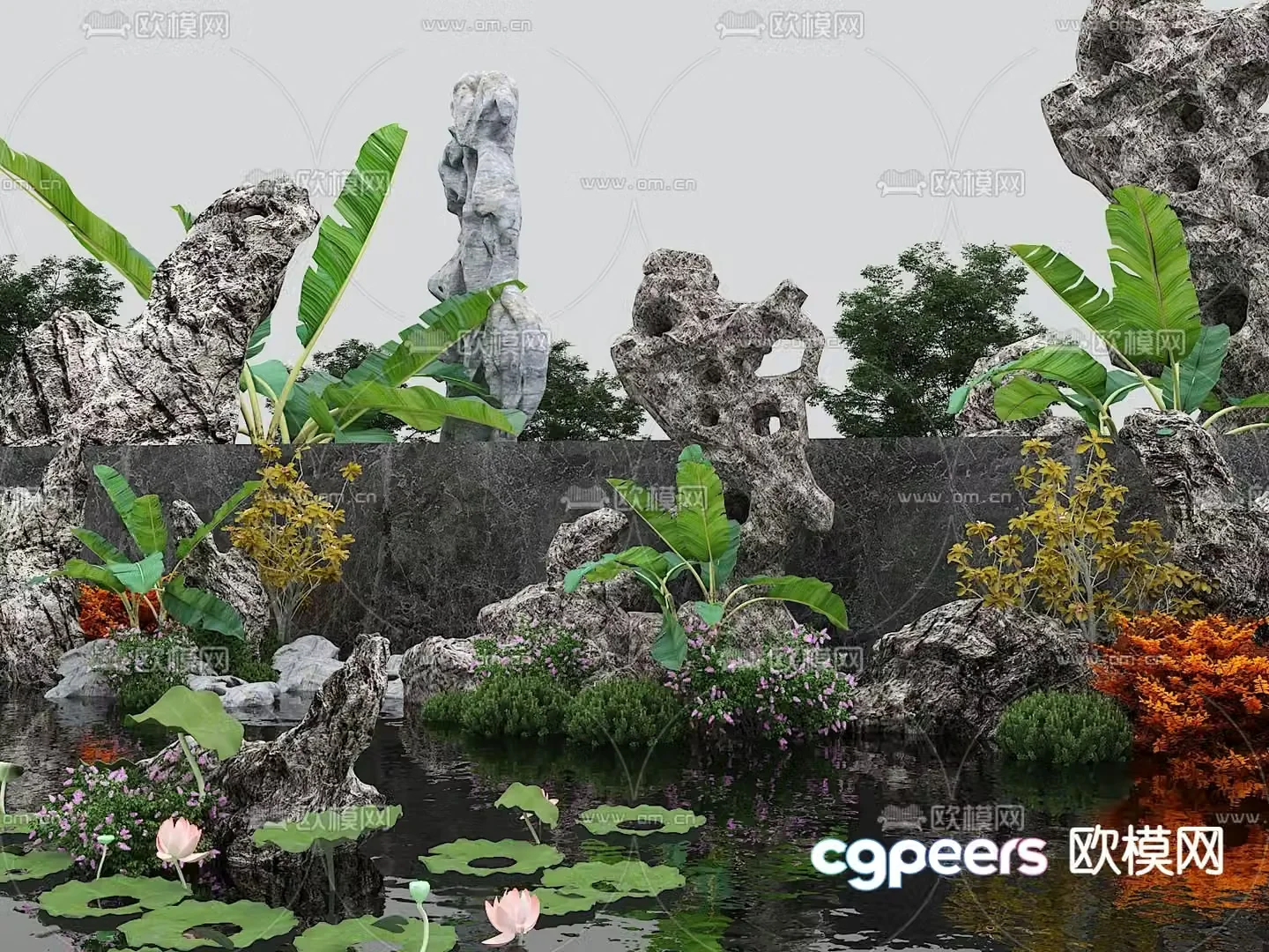New Chinese style rockery water landscape 3D model