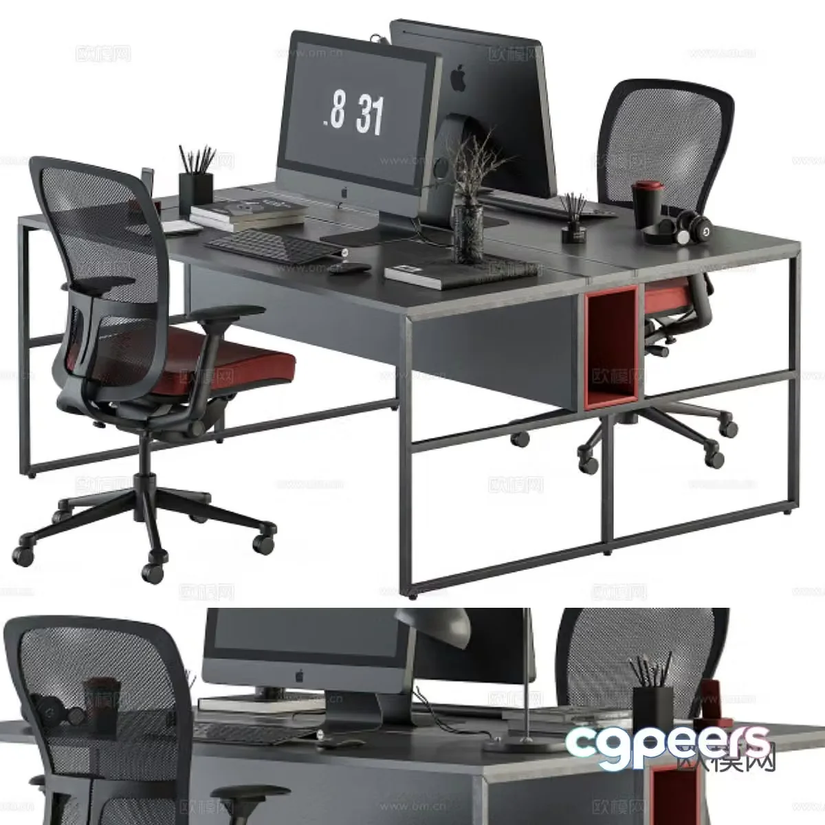 Office desk and chair computer work station computer swivel chair office computer monitor 3d model