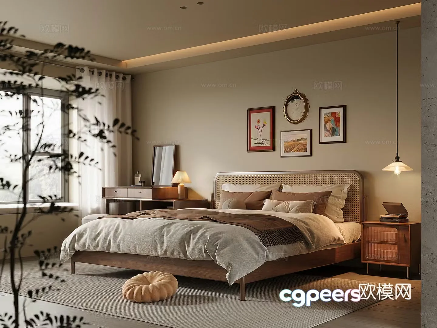 Middle-aged home bedroom solid wood double bed bedside table solid wood dressing table and chair chandeliers 3D model