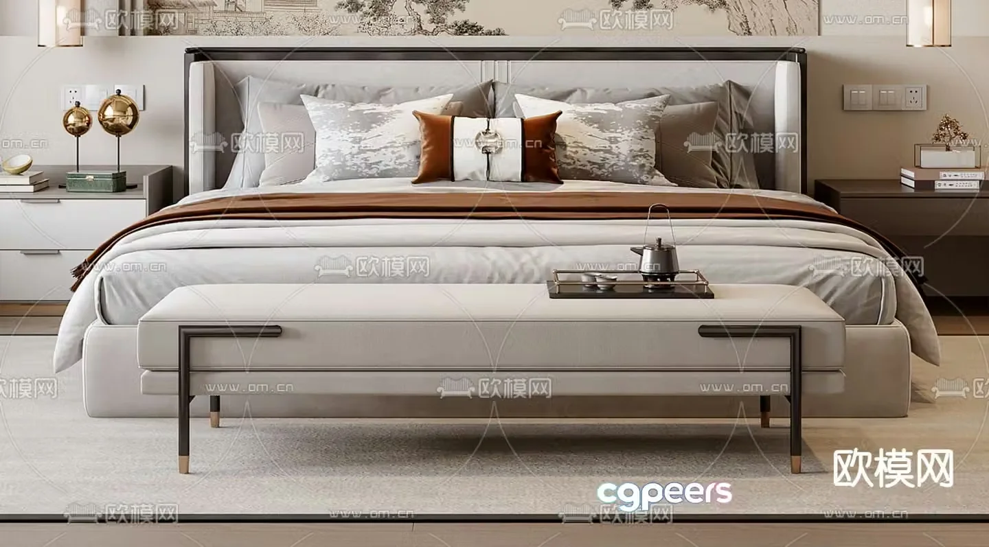 New Chinese style double bed 3d model