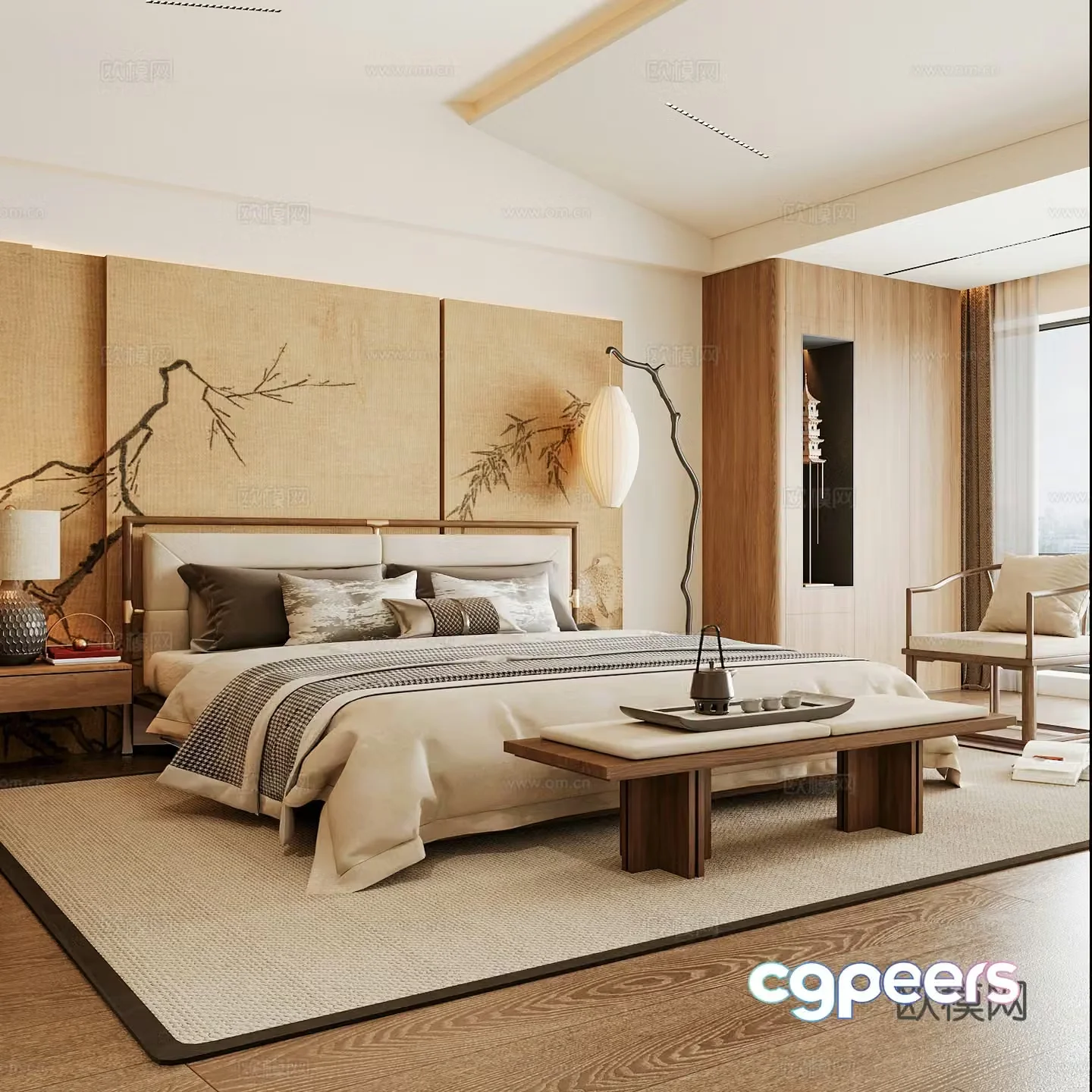 New Chinese style home bedroom Song family aesthetic bedroom Song style bedroom New Chinese style double bed 3D model