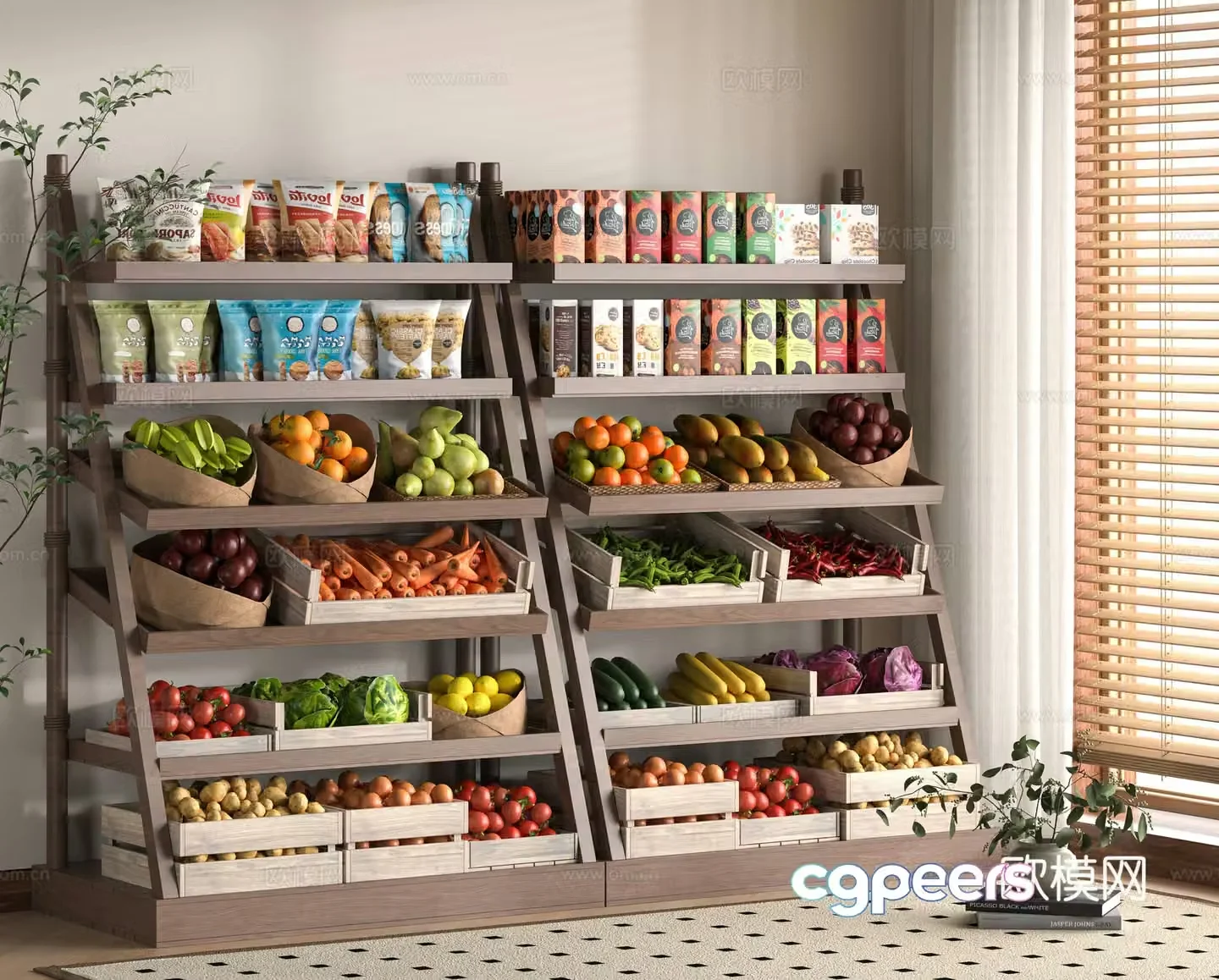 Modern supermarket food shelves 3d model