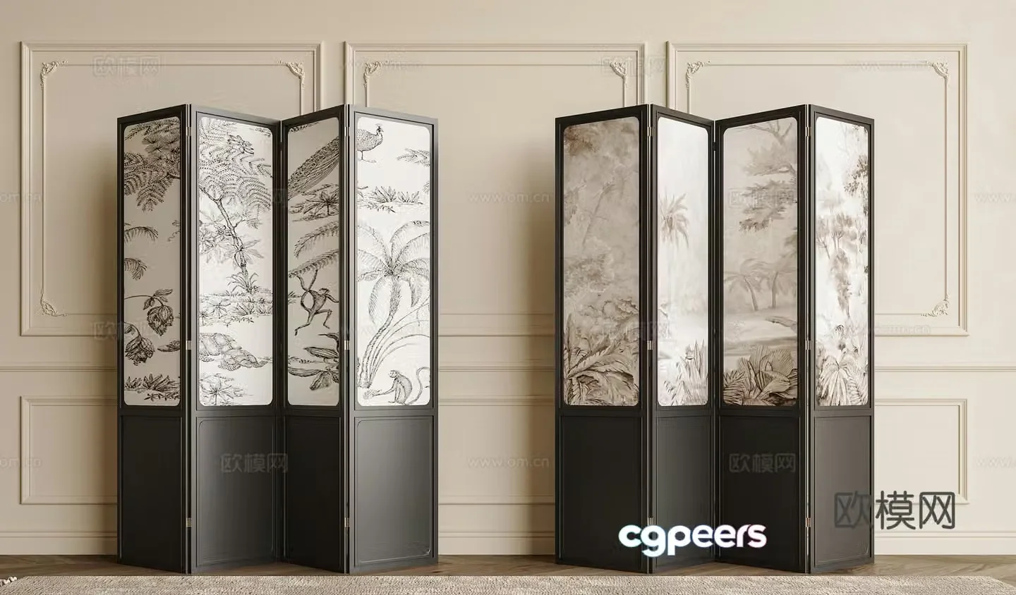 French screen wooden screen folding screen flower and bird screen French flower and bird wooden screen 3d model