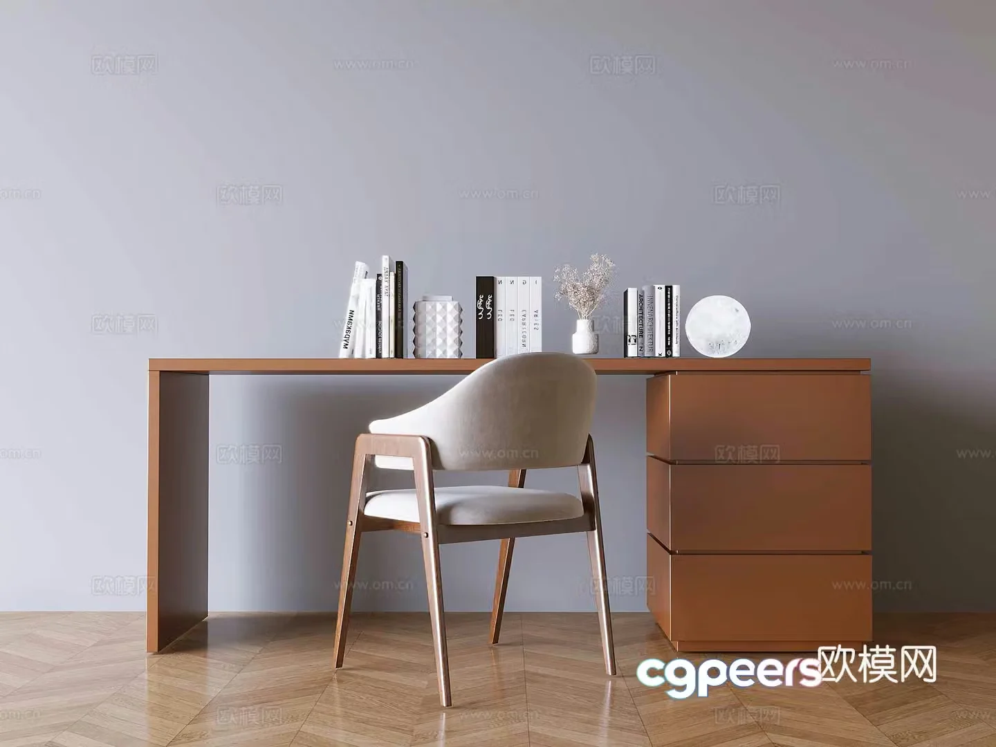 Middle style solid wood desk and chair book moonlight ornament 3D model