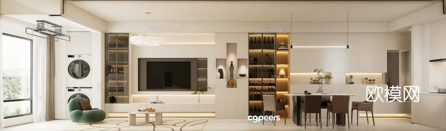 Modern Cream Living and Restaurant 3D Model