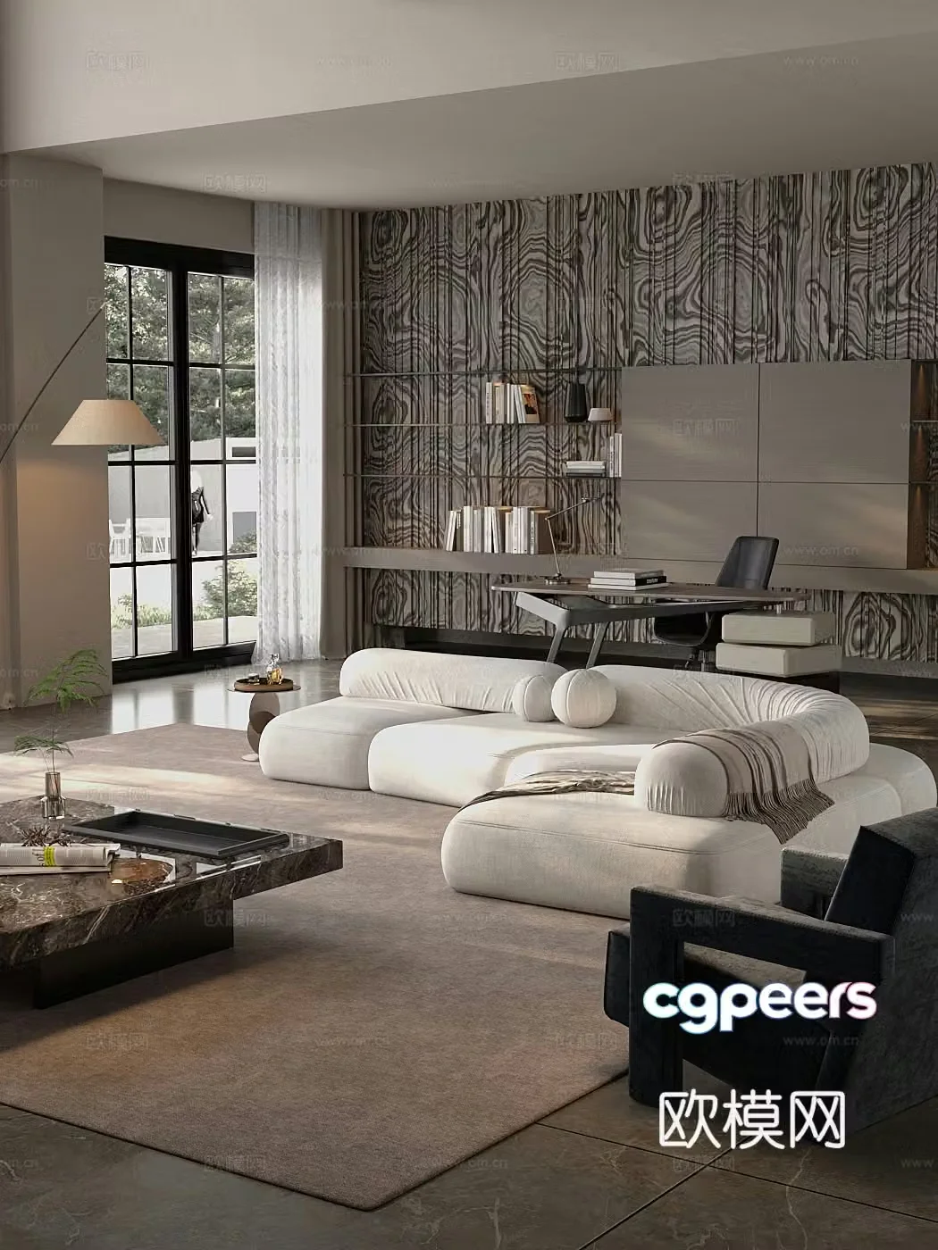 Modern home living room horizontal living room design large living room office desk chair combination 3D model