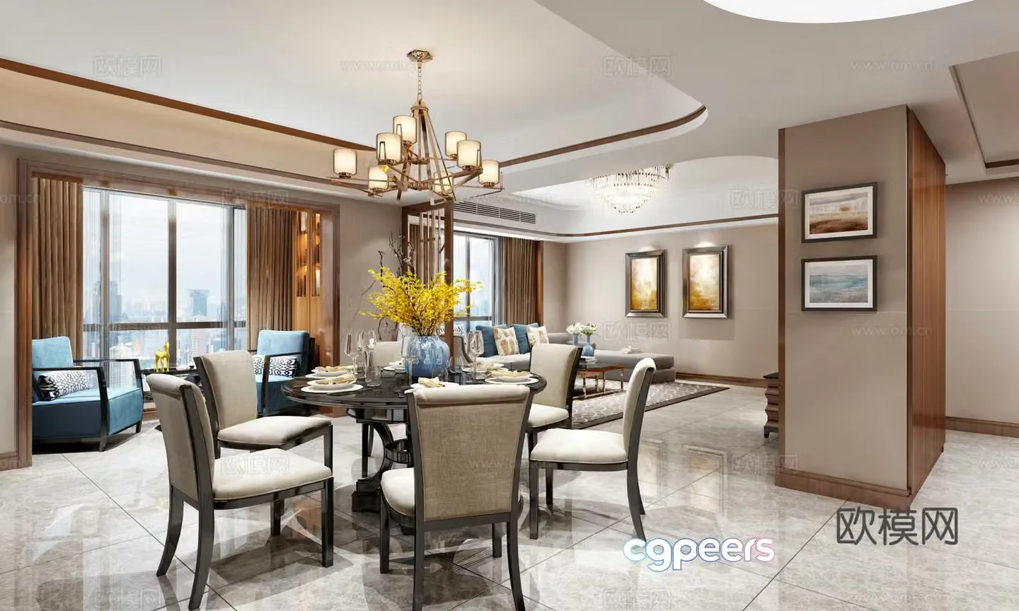 Modern living and dining room sofa coffee table dining table chair chandeliers TV cabinet leisure chair 3d model