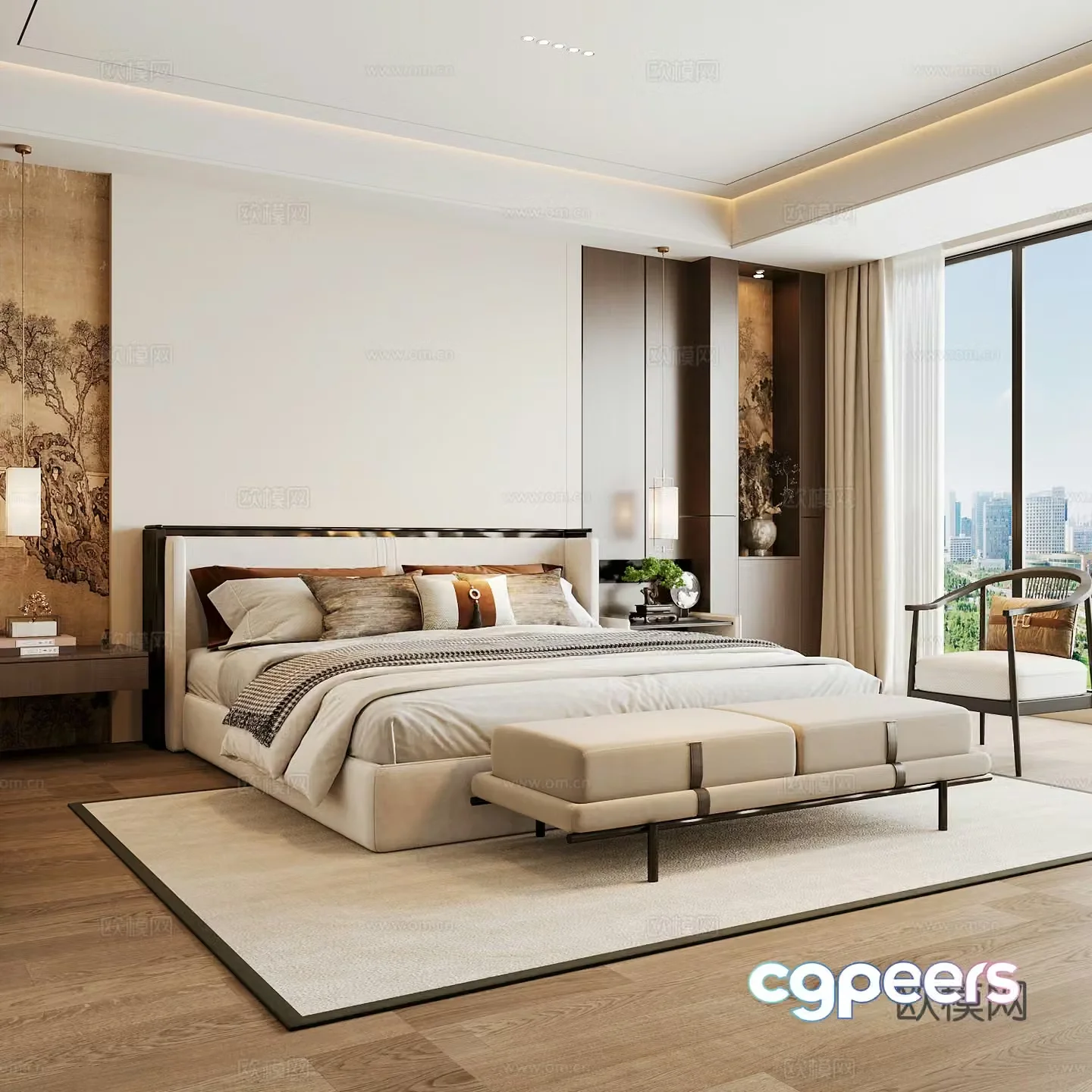 New Chinese style home bedroom Song family aesthetic bedroom Song style bedroom New Chinese style double bed New Chinese 3D model