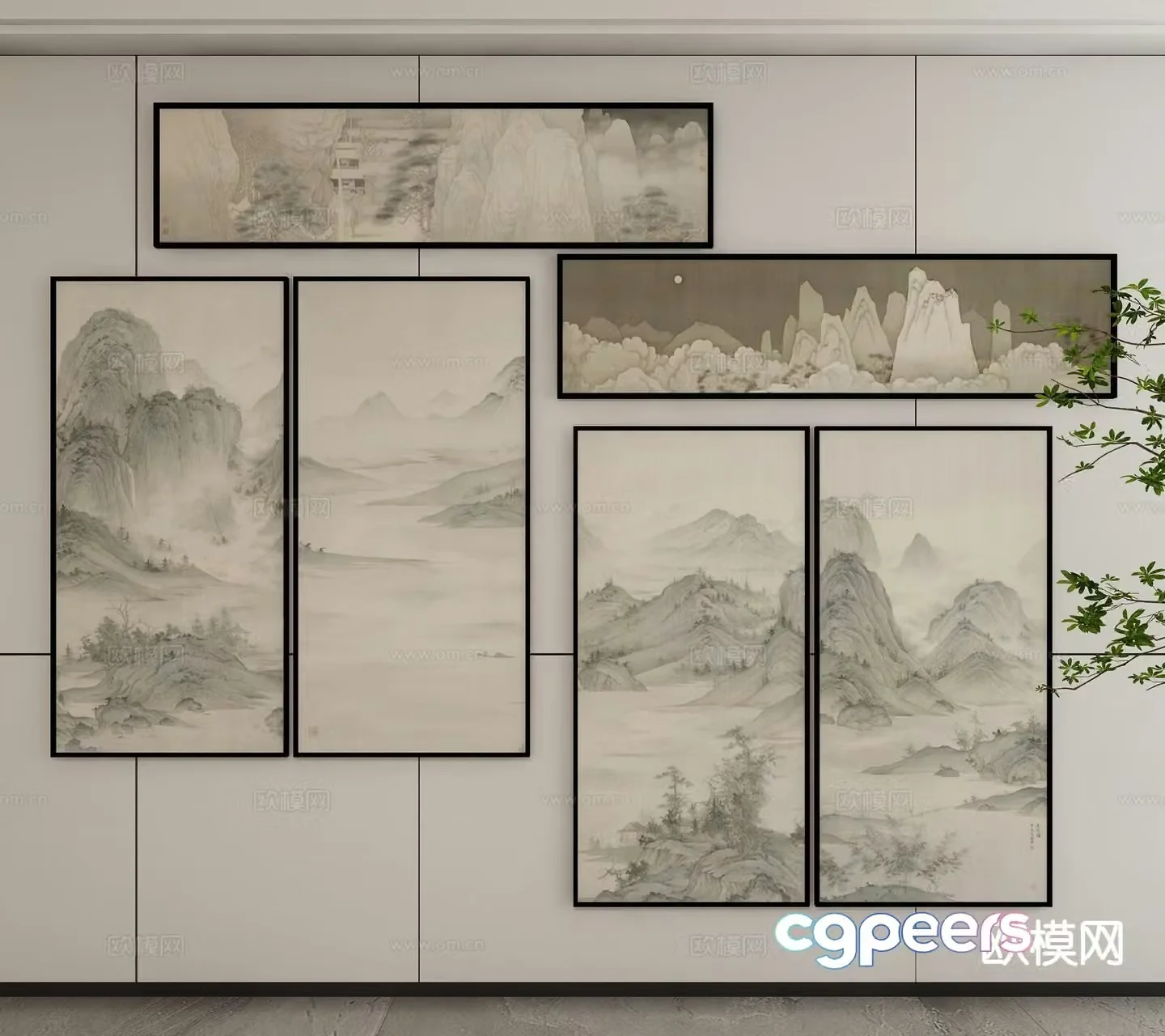 New Chinese style ink painting landscape painting decorative painting 3D model