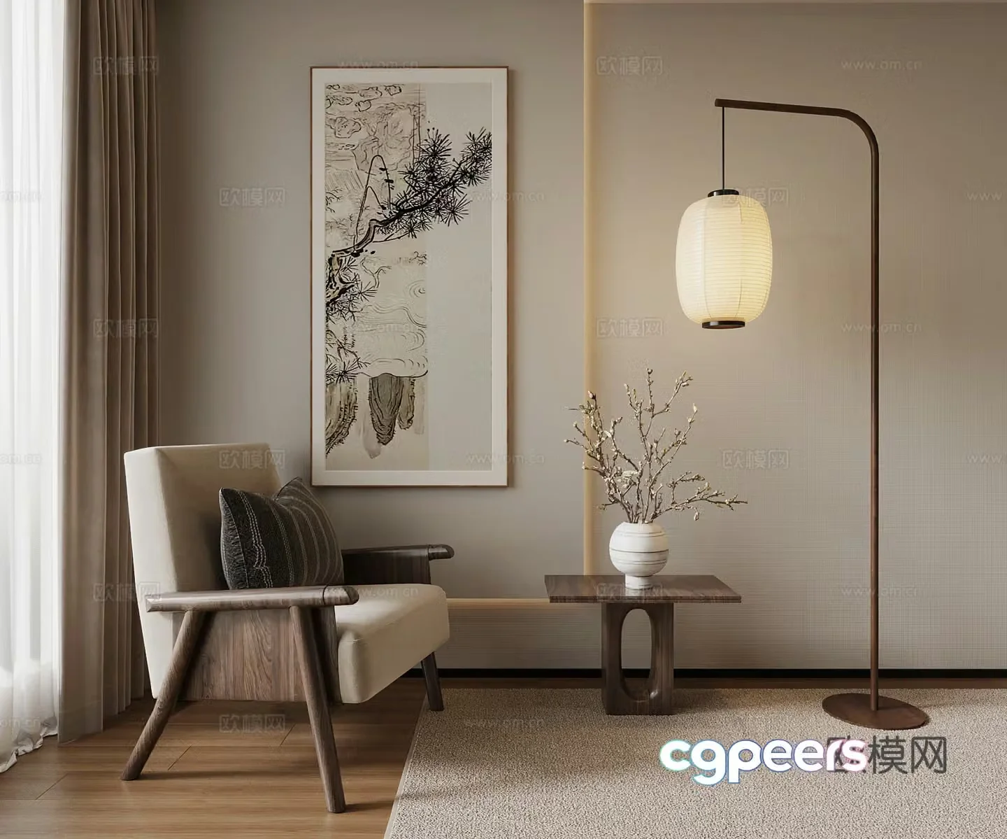New Chinese style chair ring chair floor lamp 3d model
