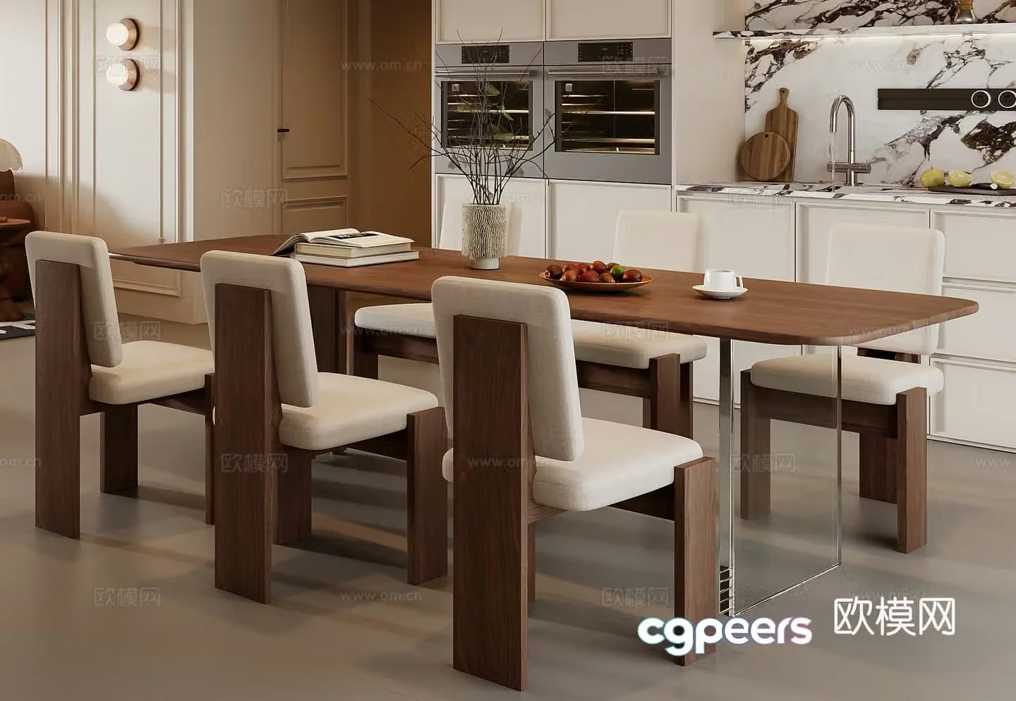 Medium style dining table and chair combination 3D model