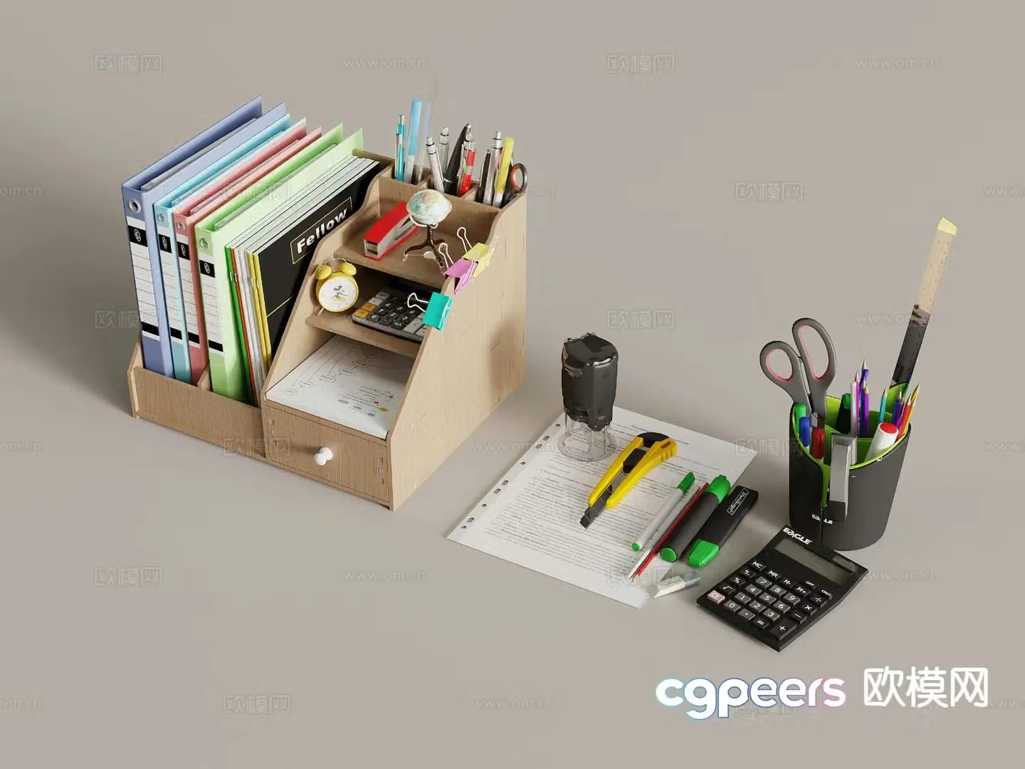 Modern office supplies bookshelf books pen holder tools 3d model