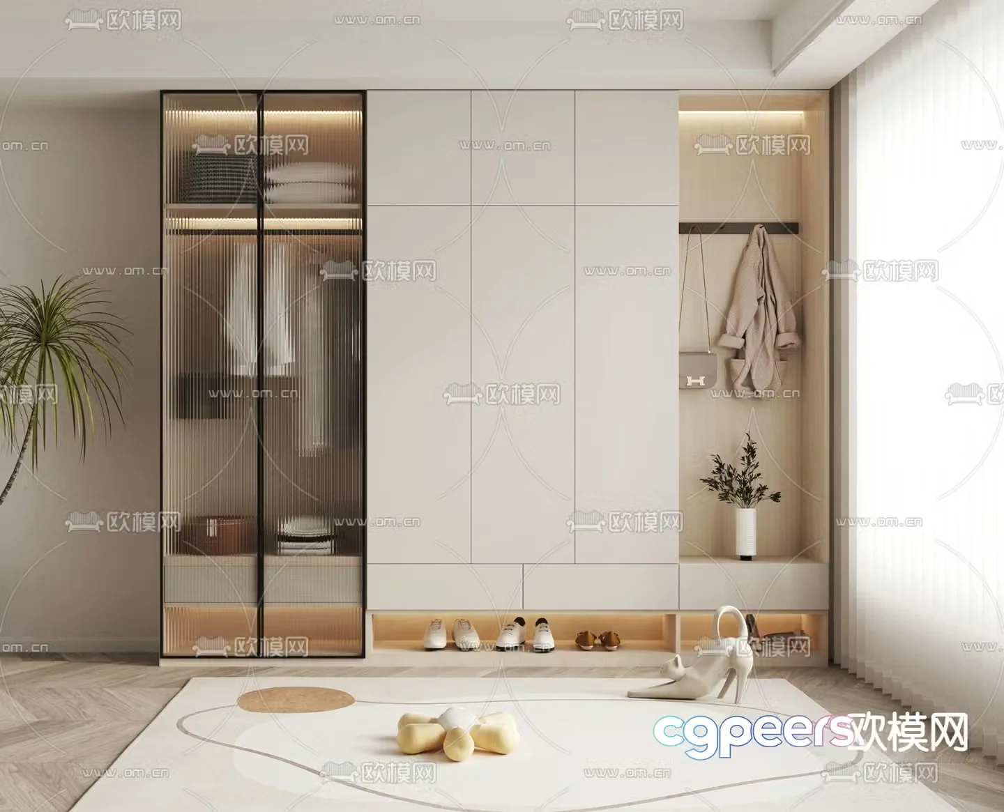 Cream Style Shoe Cabinet Entrance Shoe Cabinet 3D Model