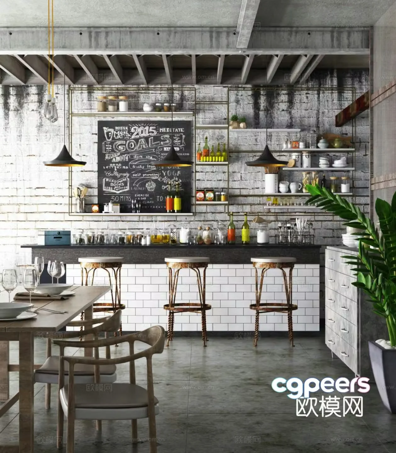 Modern coffee shop Industrial style coffee shop Wasabi style coffee shop Bar counter Dining table and chair Bar chair 3d model