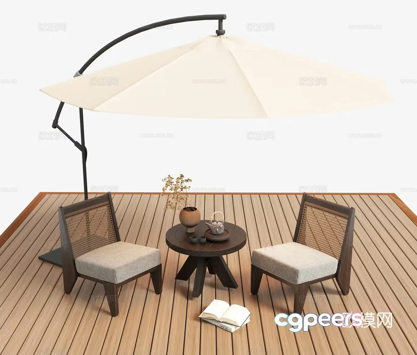 Outdoor rattan leisure chair side several parasols 3D model