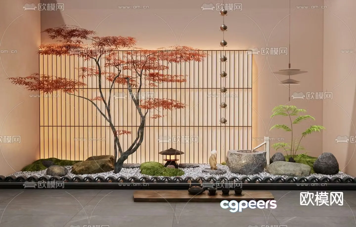 Dry landscape sketch plant landscaping flowing water bowl 3D model