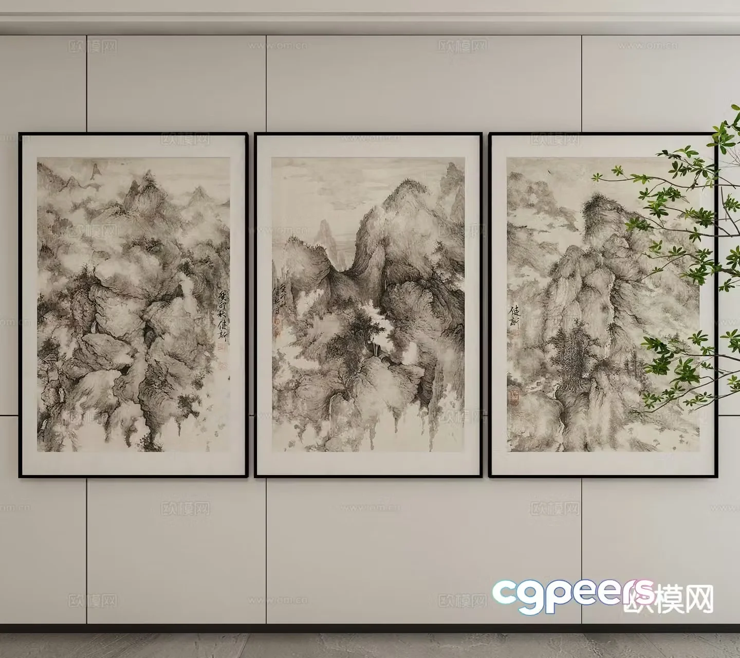 New Chinese style ink painting decorative painting 3D model