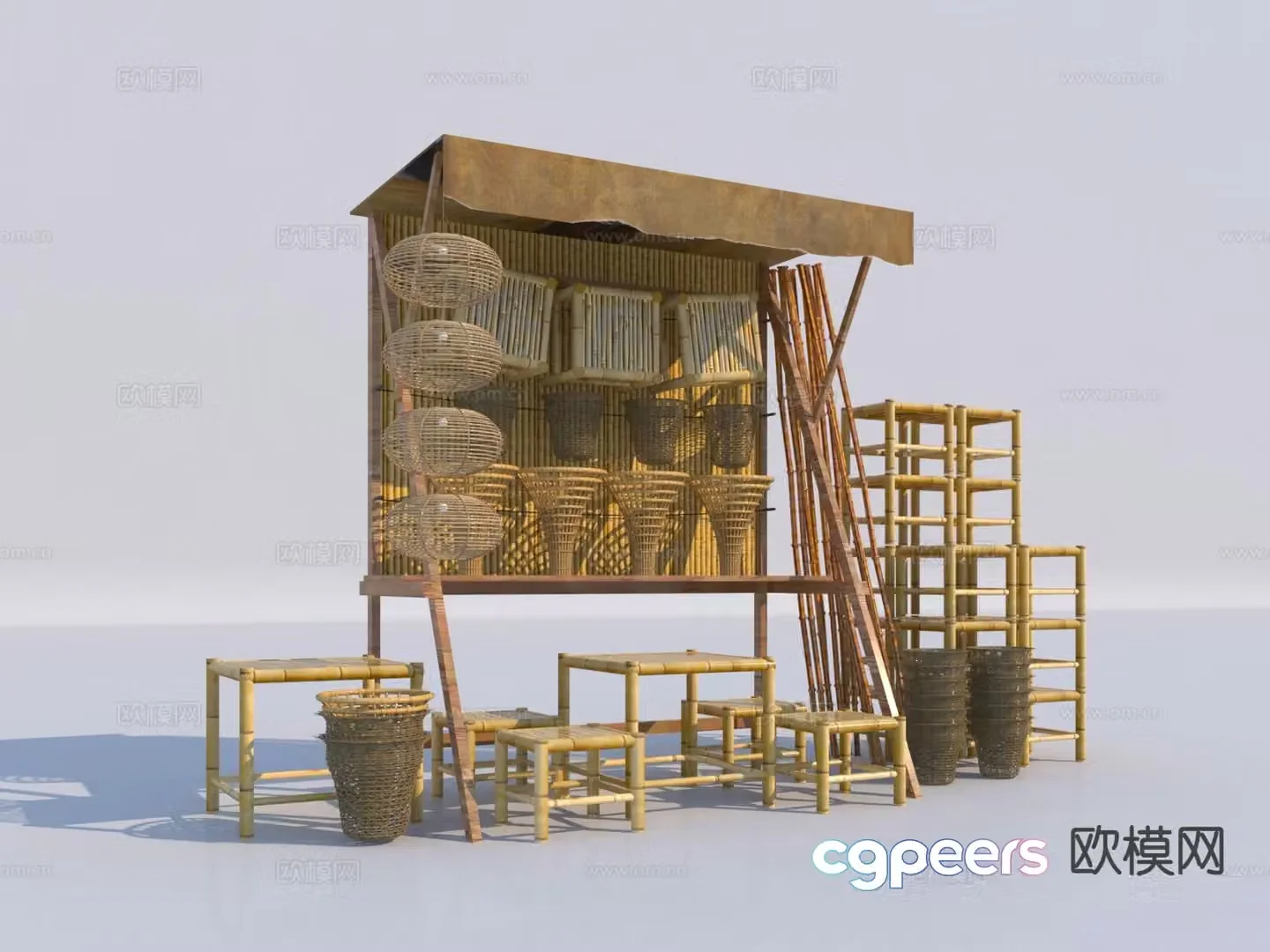 Chinese style bamboo basket stall 3d model