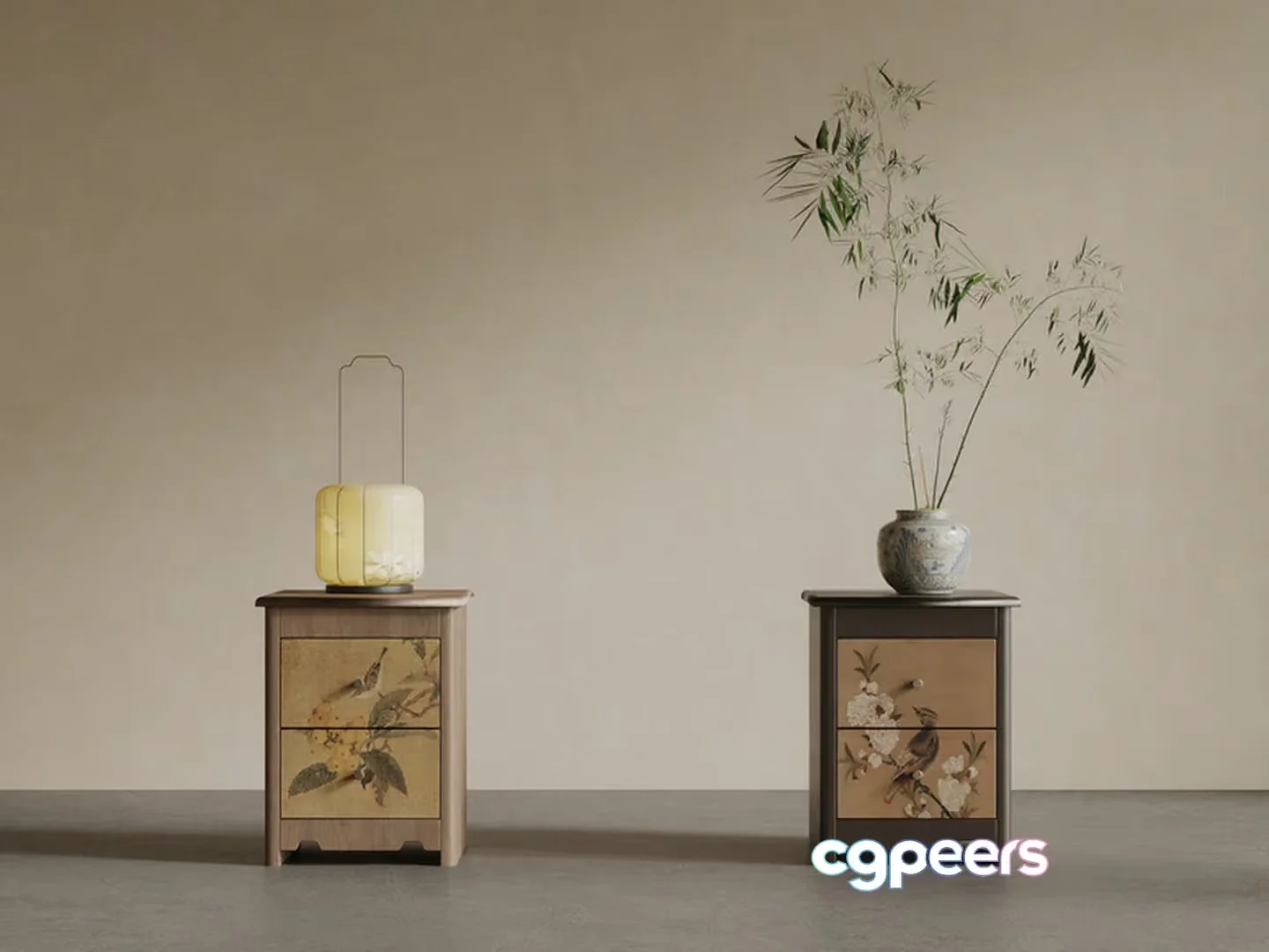 Two Small Wooden Nightstands With Floral Designs 3D Model – 6724 – VRAY Render